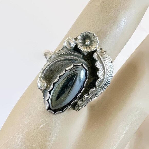 Vintage Navajo Ring Sterling Silver Native American Signed AK Hematite Black - Picture 3 of 5
